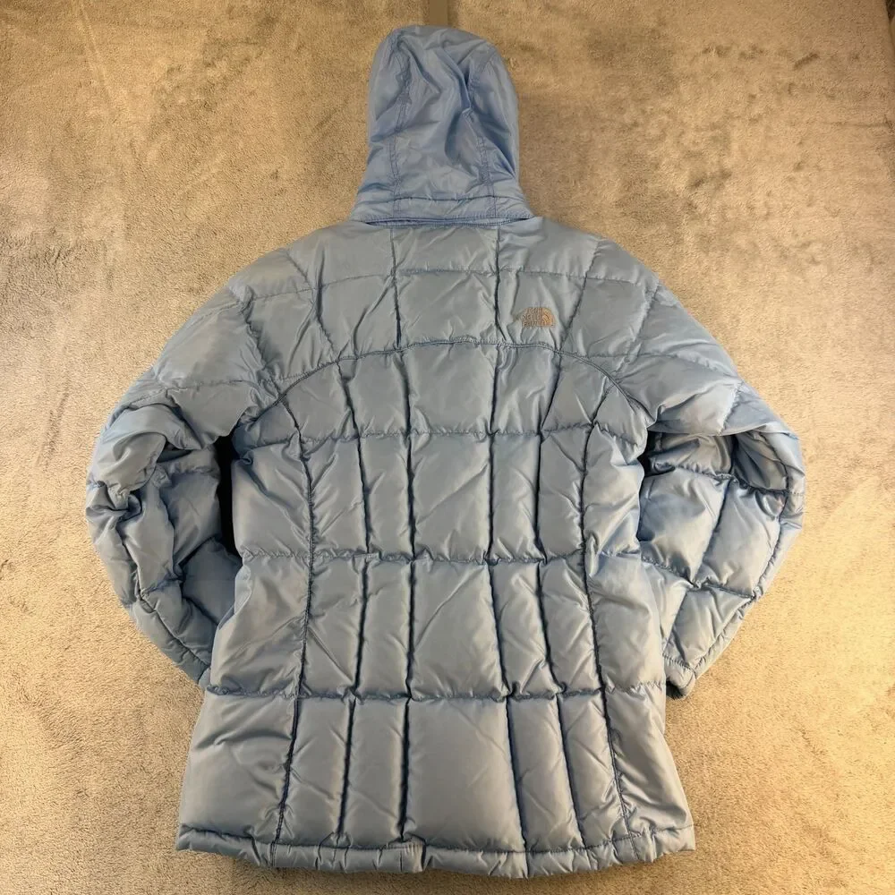 North Face Girls 550 Down Puffer Jacket Hooded Periwinkle Blue Size Large